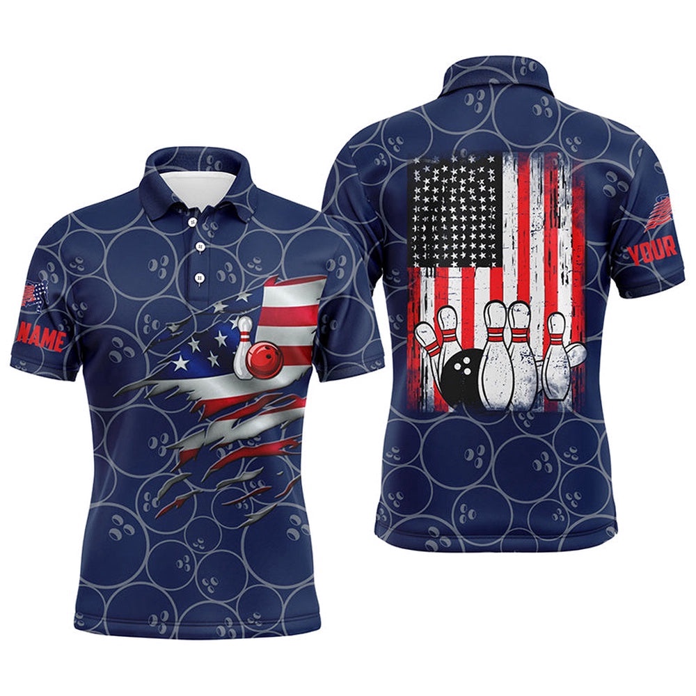 Blue Bowling Polo Shirts For Men Custom Name Vintage American Flag Bowling Polo Shirt, Personalized Bowling Team Shirt