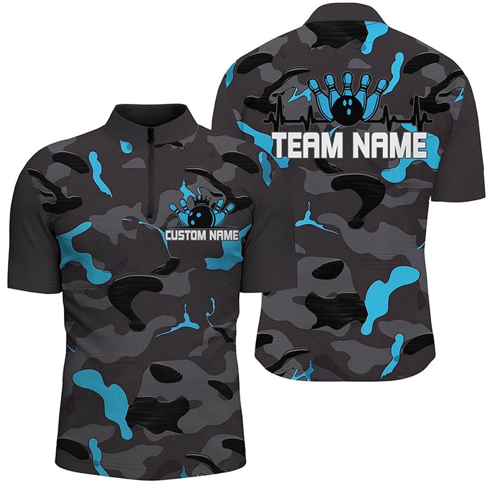Blue Camo Bowling Pulse Heartbeat Team Shirts For Men And Women, Camouflage Bowler Outfit, Custom Bowling Team Jersey Shirt Blue Camo Bowling Pulse Heartbeat Team Shirts For Men And Women, Camouflage Bowler Outfit, Custom Bowling Team Jersey Shirt
