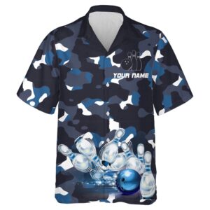 Blue Camo Hawaiian Bowling Shirt For Men Women, Custom Team Bowling Hawaiian Shirt