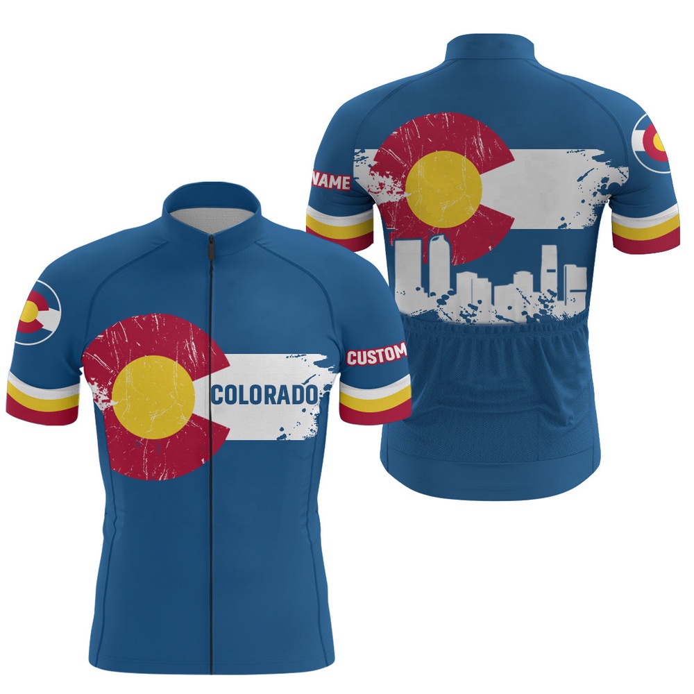 Blue Colorado Flag Menwomen Cycling Jersey Colorado Mountain Bike Shirt With 3 Pockets, Custom Mono Cycling Jersey