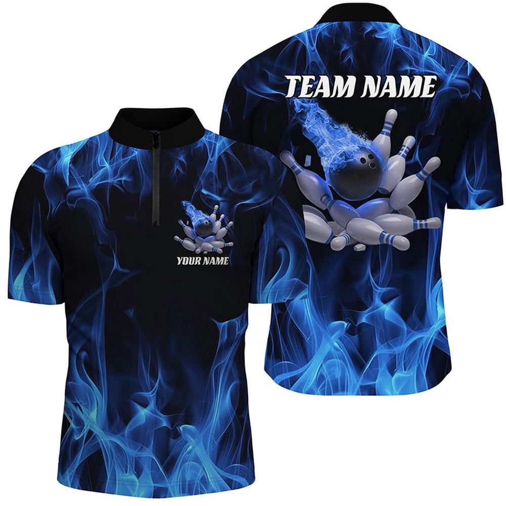 Blue Fire Bowling Ball And Pins Shirts For Men And Women, Flame Bowling Team Jersey, Custom Bowling Team Jersey Shirt