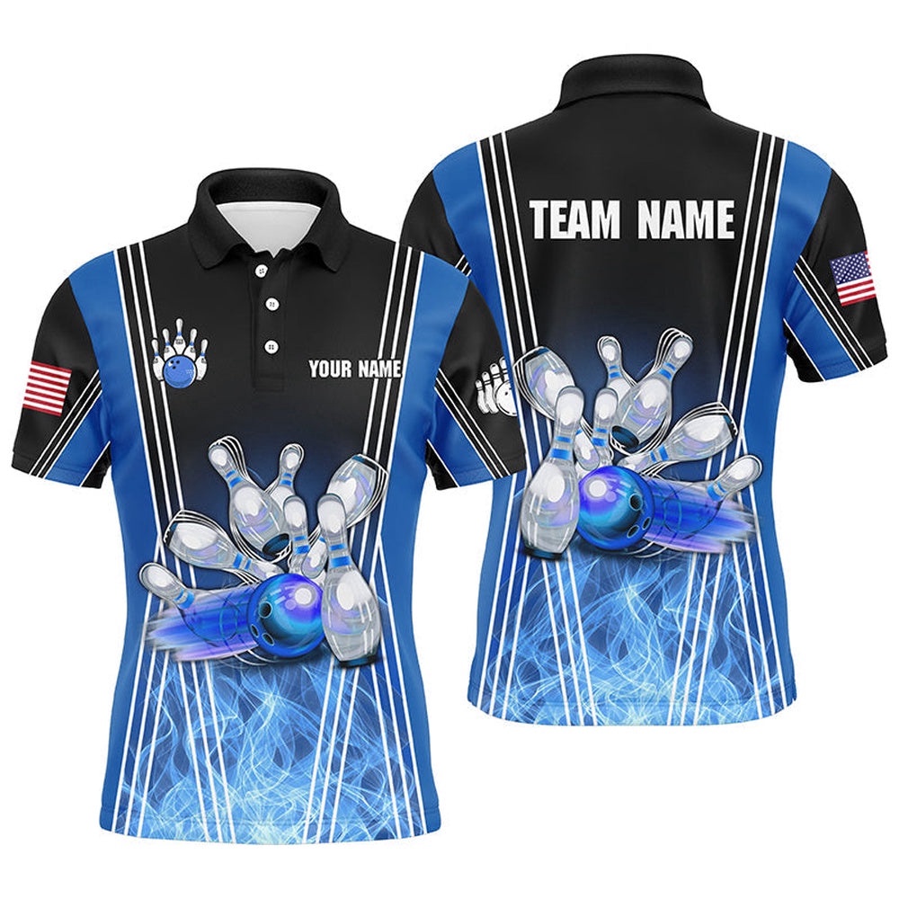 Blue Flame Bowling Polo Shirts For Men Custom Team Bowling Polo Shirt For Men, Gift For Bowlers, Personalized Bowling Team Shirt Blue Flame Bowling Polo Shirts For Men Custom Team Bowling Polo Shirt For Men, Gift For Bowlers, Personalized Bowling Team Shirt