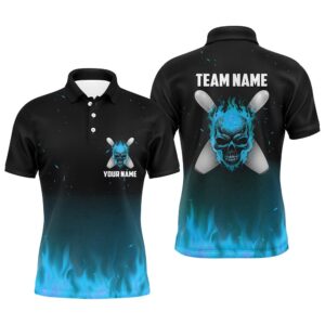 Blue Flame Skull Bowling Polo Shirts Men…