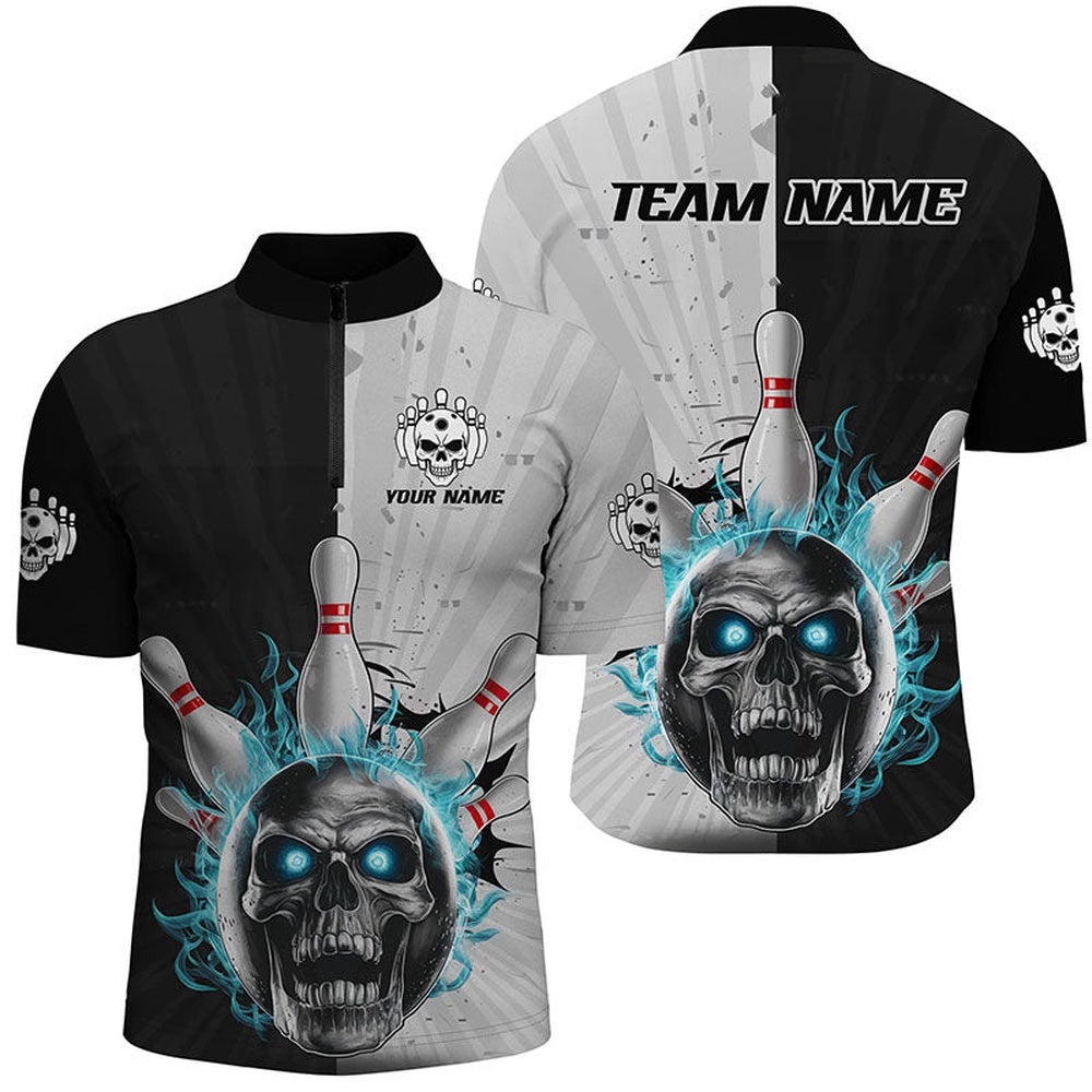 Blue Flame Skull Bowling Shirt, Vintage Team Bowling Shirts For Men, Custom Bowling Team Jersey Shirt