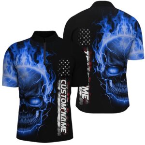 Blue Flame Skull Bowling Zip Shirts For…