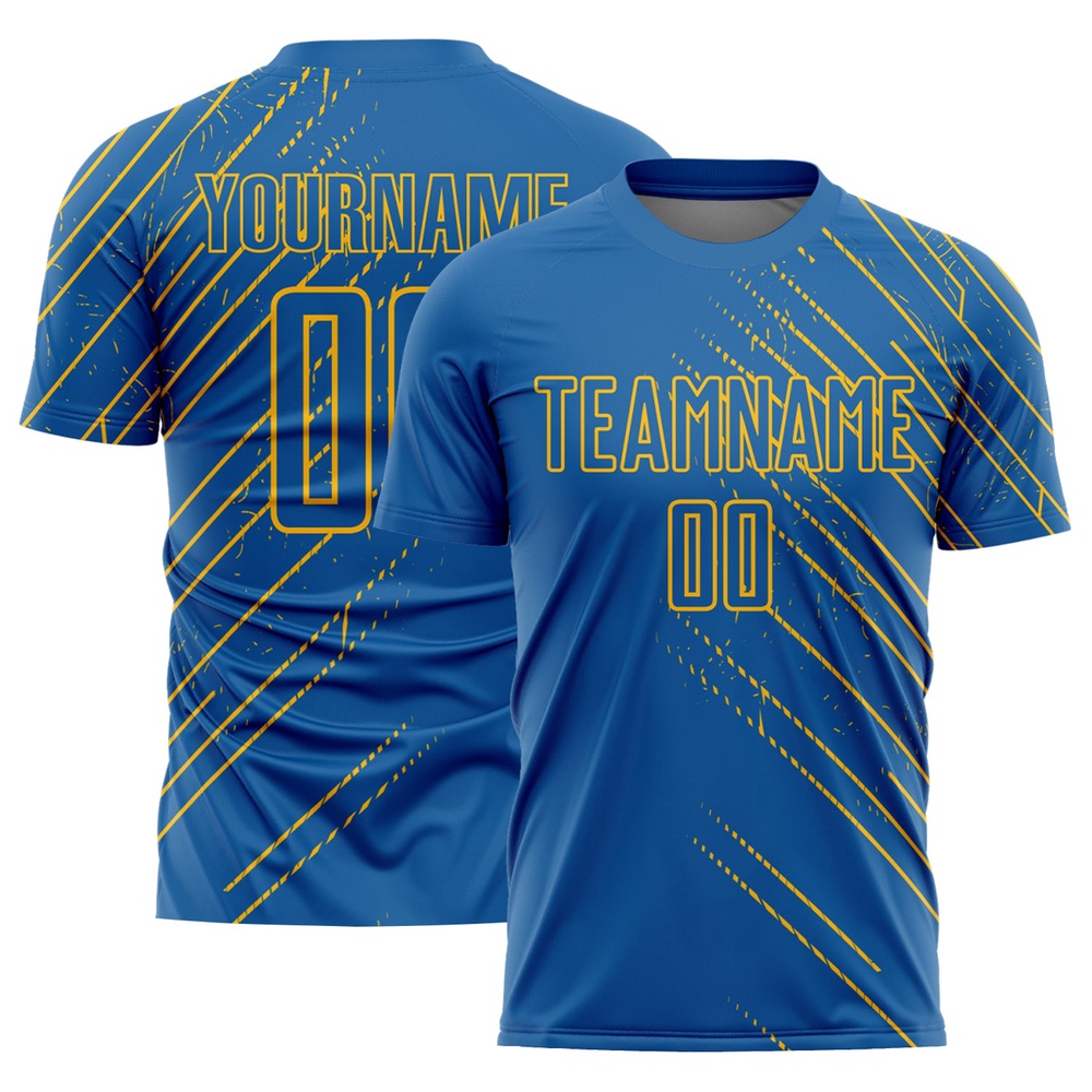 Blue Gold Lines Sublimation Soccer Uniform Jersey, Custom Team Soccer Jersey Shirt Blue Gold Lines Sublimation Soccer Uniform Jersey, Custom Team Soccer Jersey Shirt