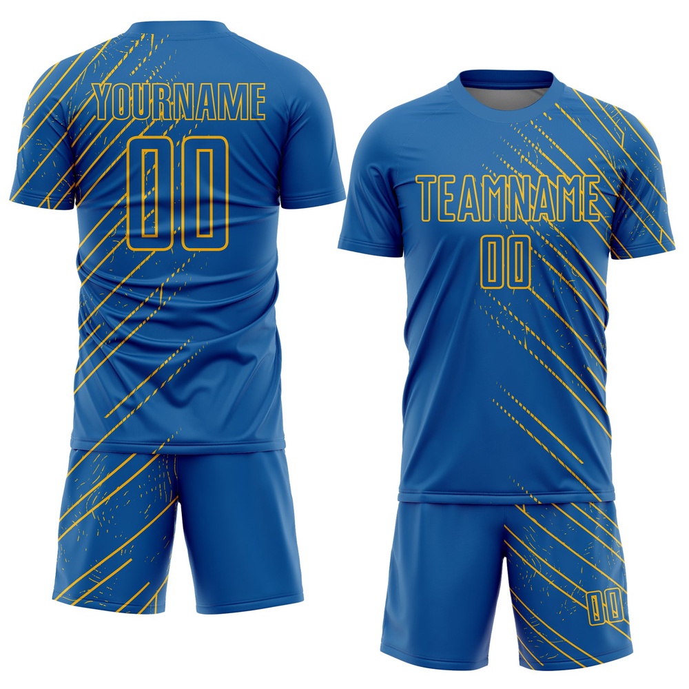 Blue Gold Lines Sublimation Soccer Uniform Jersey, Custom Team Soccer Jersey Shirt Blue Gold Lines Sublimation Soccer Uniform Jersey, Custom Team Soccer Jersey Shirt