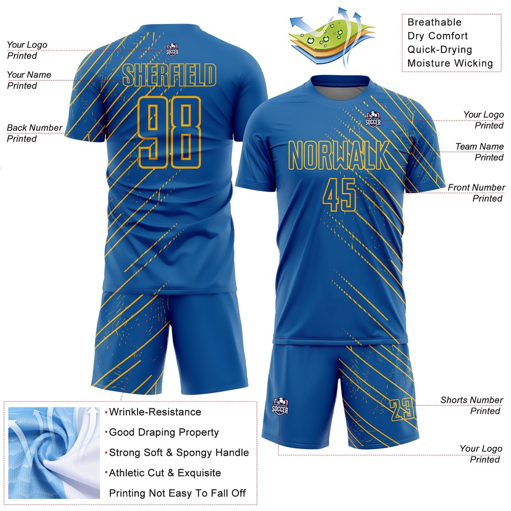 Blue Gold Lines Sublimation Soccer Uniform Jersey, Custom Team Soccer Jersey Shirt Blue Gold Lines Sublimation Soccer Uniform Jersey, Custom Team Soccer Jersey Shirt