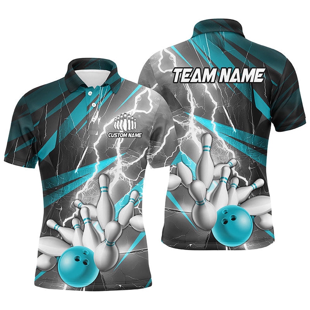 Blue Lightning Strike Custom Bowling Polo Shirts For Men, Team Bowling Shirts Bowler Outfit, Personalized Bowling Team Shirt Blue Lightning Strike Custom Bowling Polo Shirts For Men, Team Bowling Shirts Bowler Outfit, Personalized Bowling Team Shirt