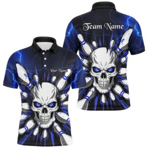Blue Lightning Thunder Custom Skull Bowling Shirt…