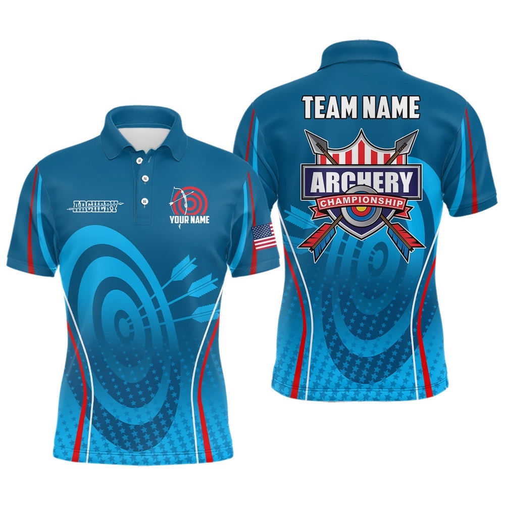 Blue Red Target Archery Polo Shirts For Men, Archery Champion US Flag Archery Shirts, Custom Archery Team Polo Shirt