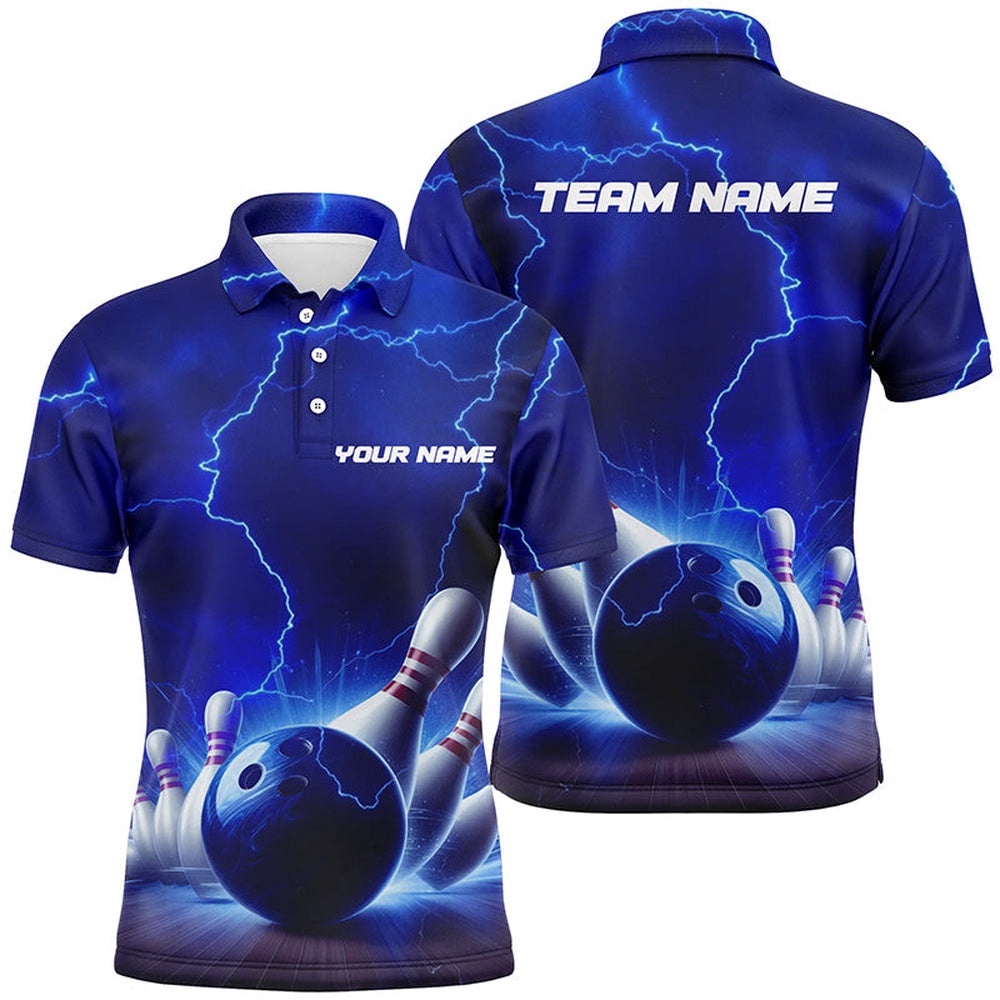 Blue Thunder Lightning Men Bowling Polo Shirts Bowling League Team Polo Shirt, Personalized Bowling Team Shirt