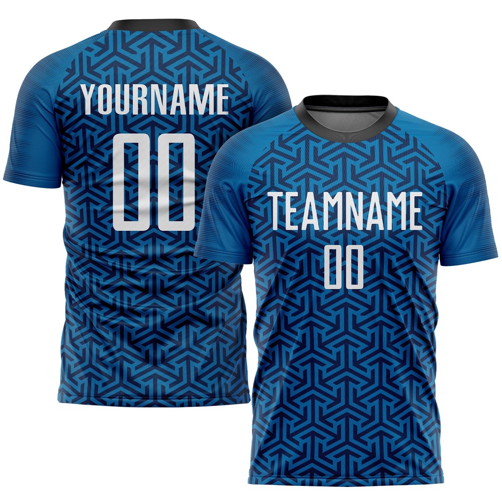 Blue White Black Sublimation Soccer Uniform Jersey, Custom Team Soccer Jersey Shirt Blue White Black Sublimation Soccer Uniform Jersey, Custom Team Soccer Jersey Shirt