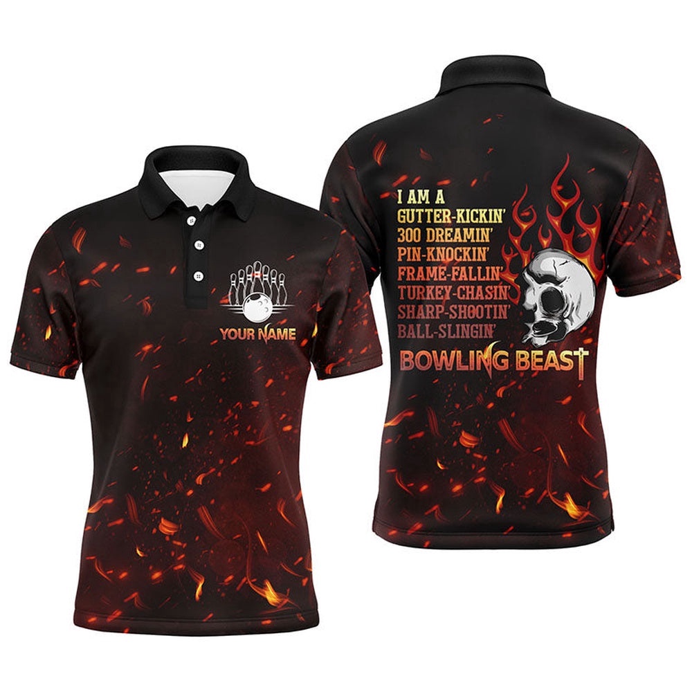 Bowling Beast Men Polo Shirt, Flame Skull Cool Men Bowlers Polo Shirt Short Sleeves, Personalized Bowling Team Shirt