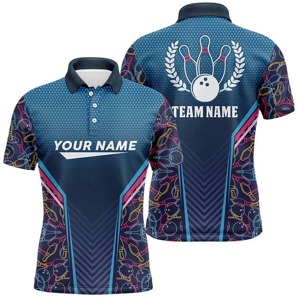 Bowling Blue Camo Men Polo Bowling Shirt Bowling Team League Polo Shirt Gift For Bowler, Personalized Bowling Team Shirt