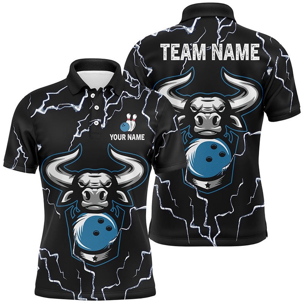 Bowling Bull Thunder Lightning Black Bowling Polo Shirts For Men Custom Bowling Team League Polo Shirt, Personalized Bowling Team Shirt Bowling Bull Thunder Lightning Black Bowling Polo Shirts For Men Custom Bowling Team League Polo Shirt, Personalized Bowling Team Shirt