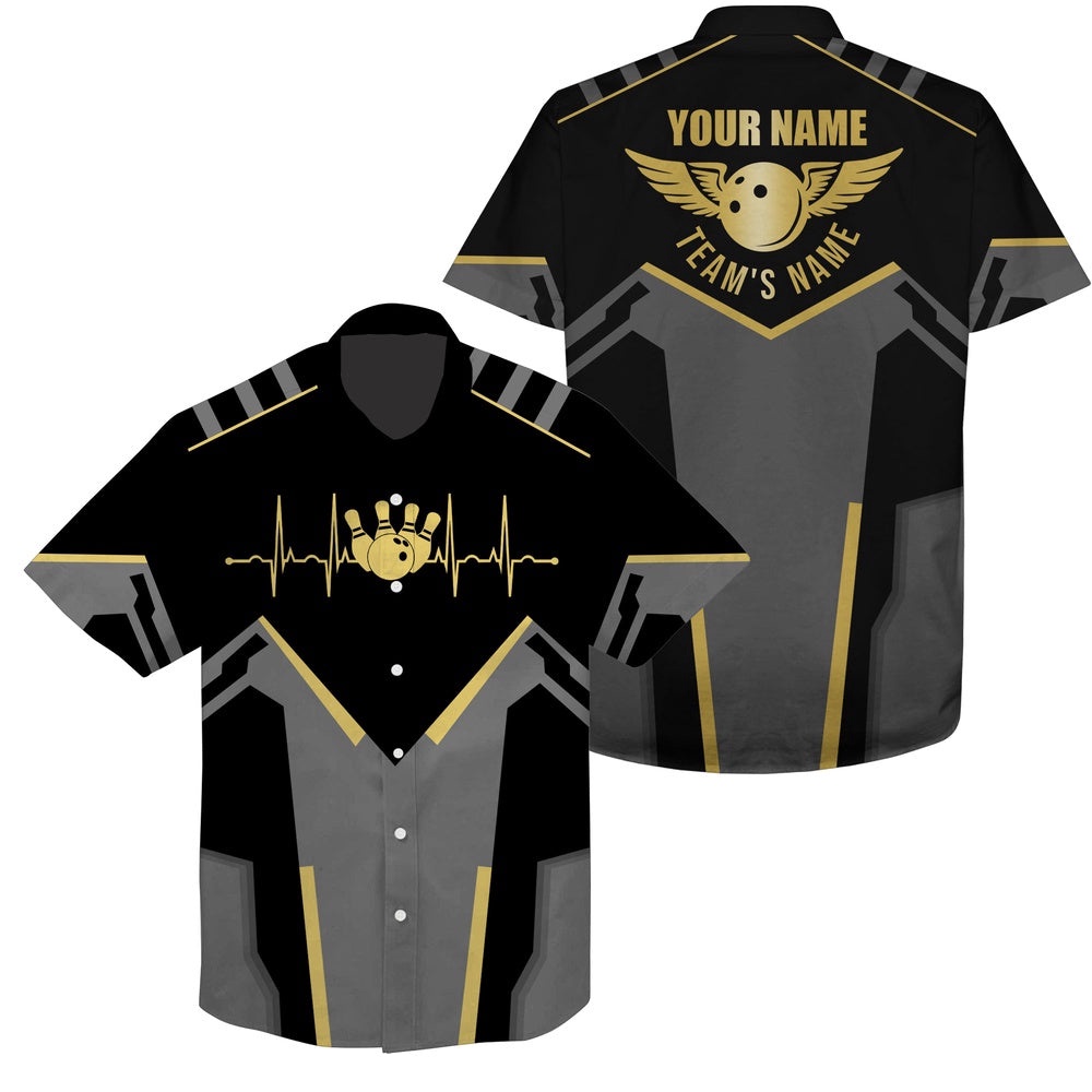 Bowling Hawaiian Shirts, Custom Team Name Black Bowling Team Button Up Shirts, Custom Team Bowling Hawaiian Shirt