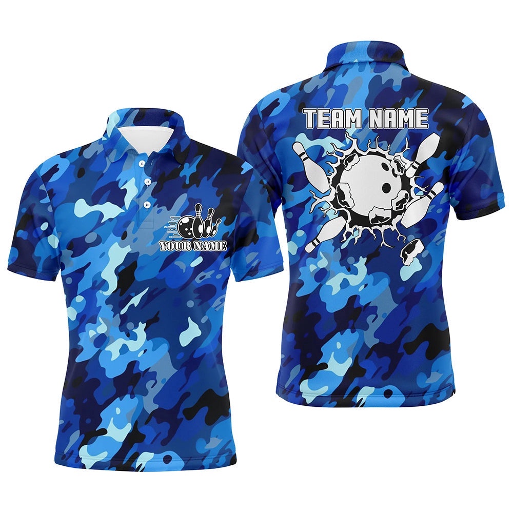 Bowling Polo Shirts For Men Custom Bowling Ball And Pins Blue Camo Bowling Team Polo Shirt, Personalized Bowling Team Shirt Bowling Polo Shirts For Men Custom Bowling Ball And Pins Blue Camo Bowling Team Polo Shirt, Personalized Bowling Team Shirt
