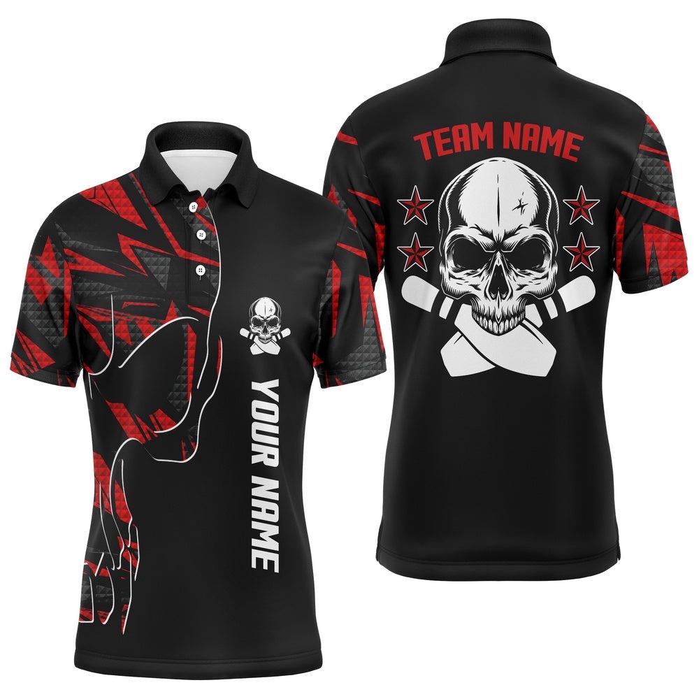 Bowling Polo Shirts For Men Custom Name And Team Name Skull Bowling, Team Bowling Shirts Red, Personalized Bowling Team Shirt