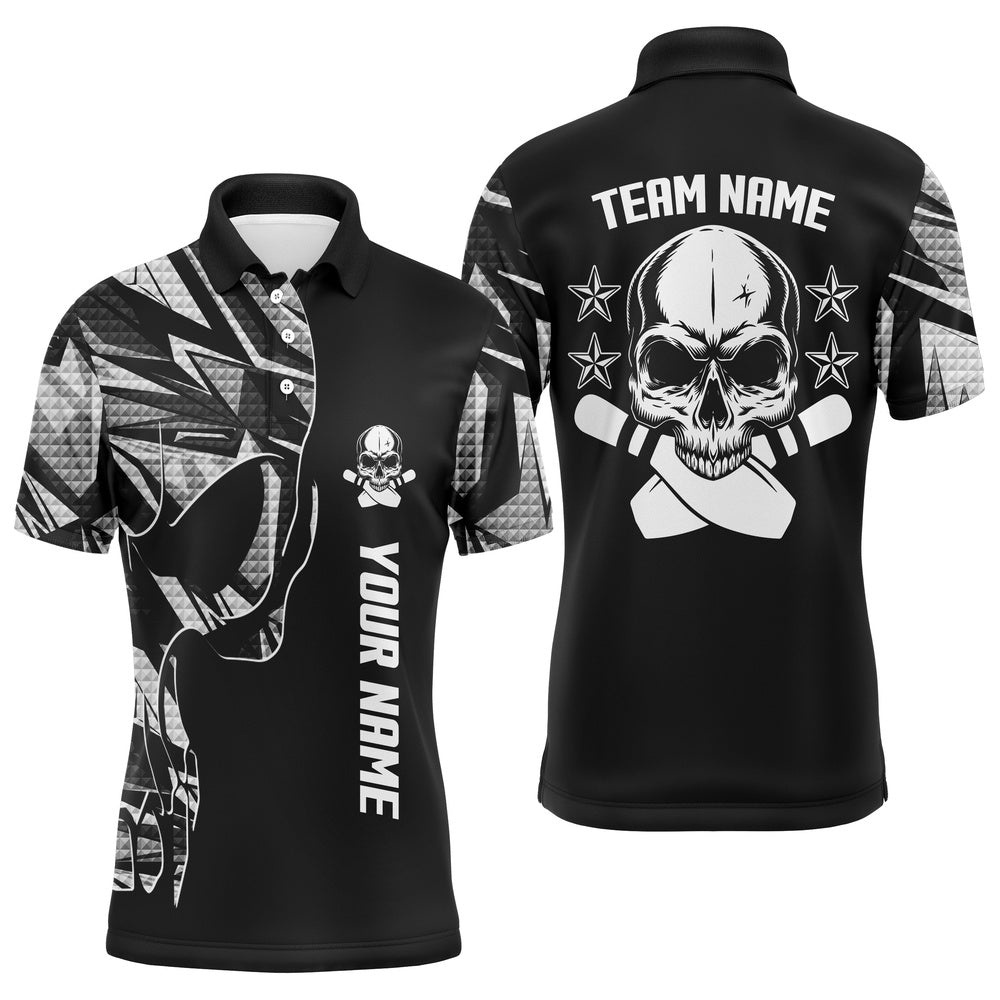 Bowling Polo Shirts For Men Custom Name And Team Name Skull Bowling, Team Bowling Shirts White, Personalized Bowling Team Shirt