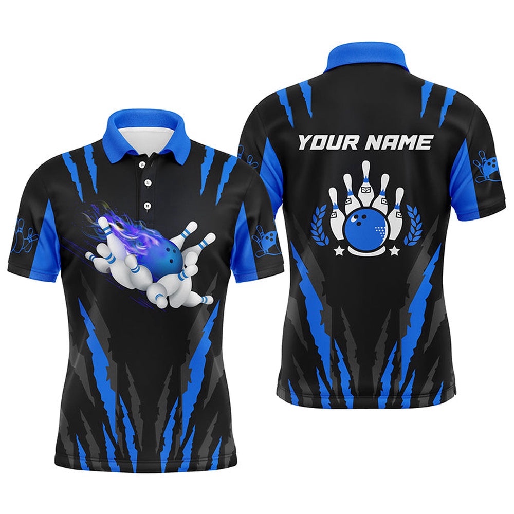 Bowling Polo Shirts For Men Custom Name Flame Bowling Ball And Pins Bowling Polo Shirt Blue, Personalized Bowling Team Shirt Bowling Polo Shirts For Men Custom Name Flame Bowling Ball And Pins Bowling Polo Shirt Blue, Personalized Bowling Team Shirt