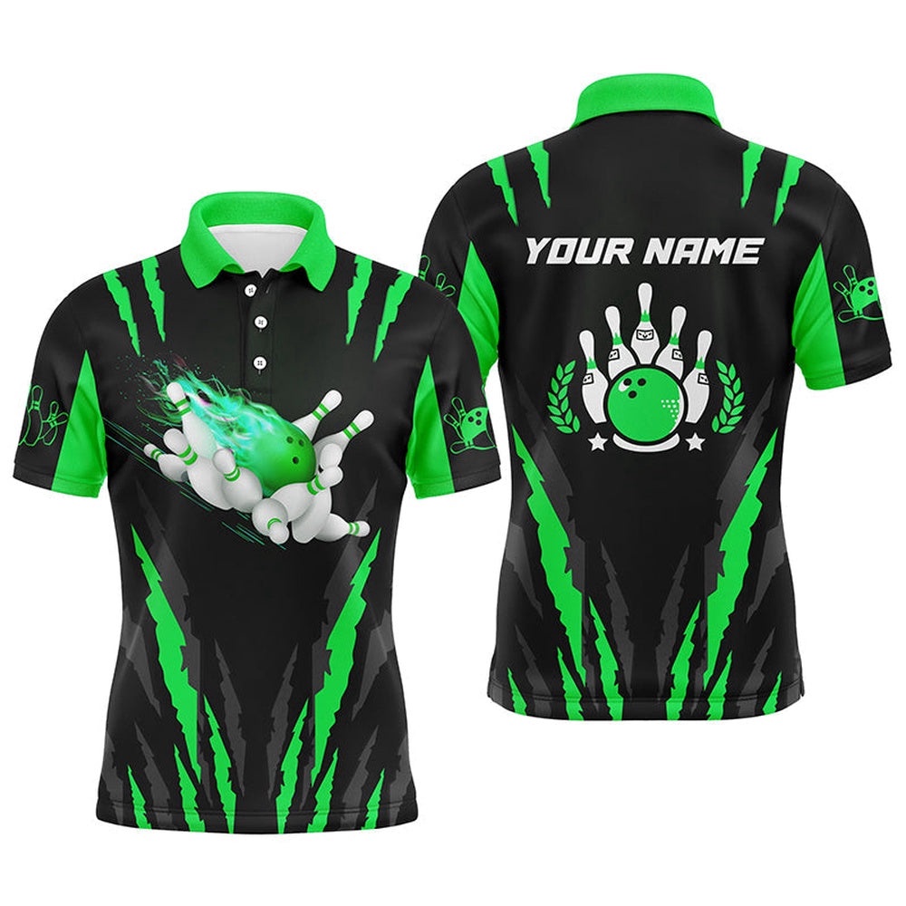 Bowling Polo Shirts For Men Custom Name Flame Bowling Ball And Pins Bowling Polo Shirt Green, Personalized Bowling Team Shirt Bowling Polo Shirts For Men Custom Name Flame Bowling Ball And Pins Bowling Polo Shirt Green, Personalized Bowling Team Shirt
