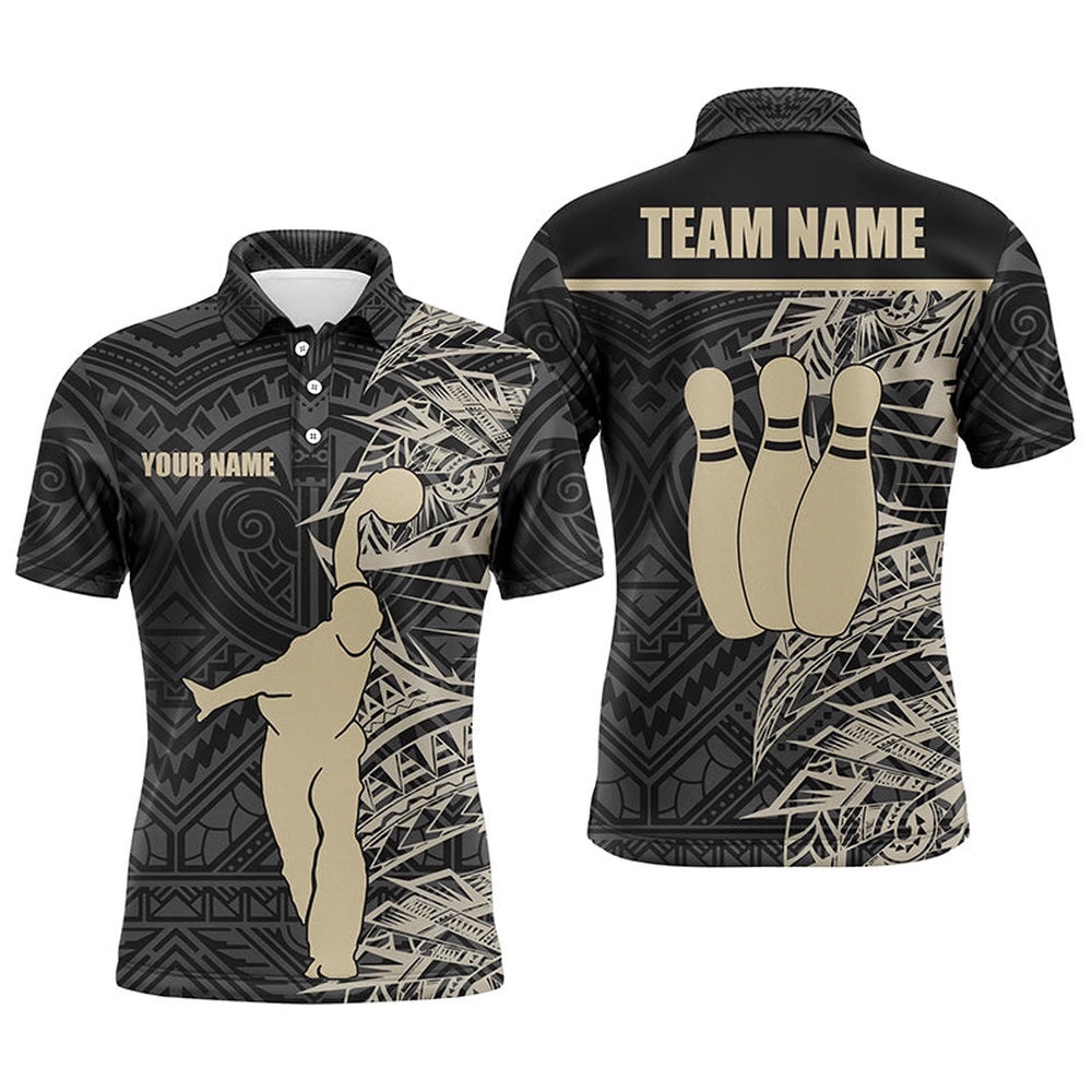 Bowling Polo Shirts For Men Golden Black Tribal Team Bowling Polo Shirt, Bowling Gift For Him, Personalized Bowling Team Shirt Bowling Polo Shirts For Men Golden Black Tribal Team Bowling Polo Shirt, Bowling Gift For Him, Personalized Bowling Team Shirt