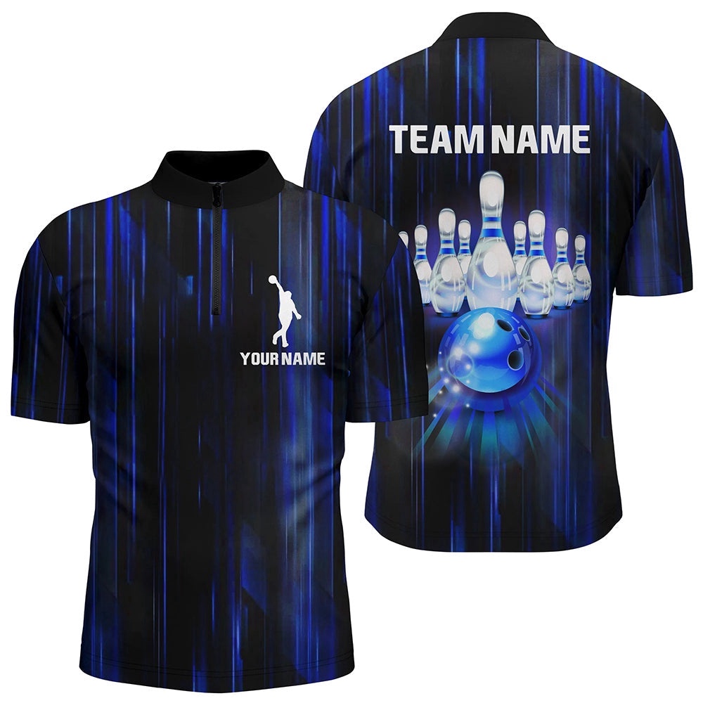 Bowling Shirt For Men Blue Bowling Jersey Team League Bowling Zip Shirt, Custom Bowling Team Jersey Shirt