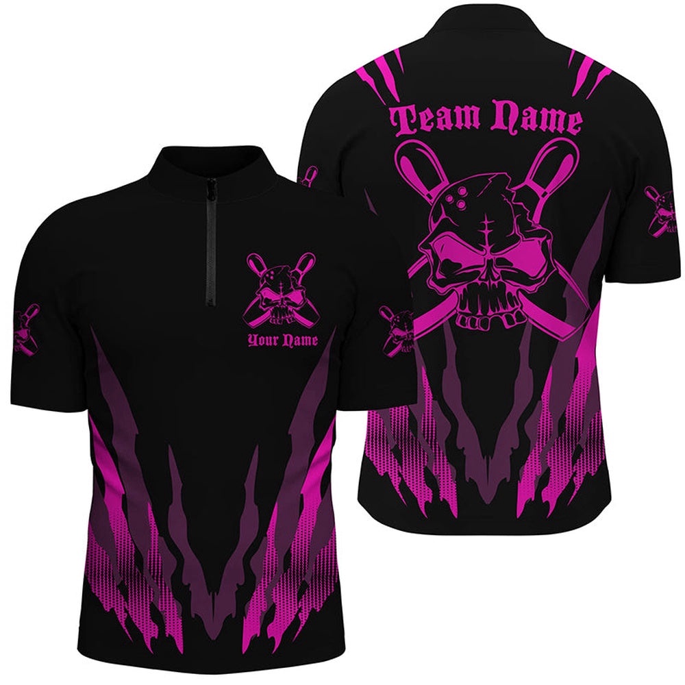 Bowling Shirts For Men And Women, Skull Bowling Team Shirts Bowling Pin Pink, Custom Bowling Team Jersey Shirt