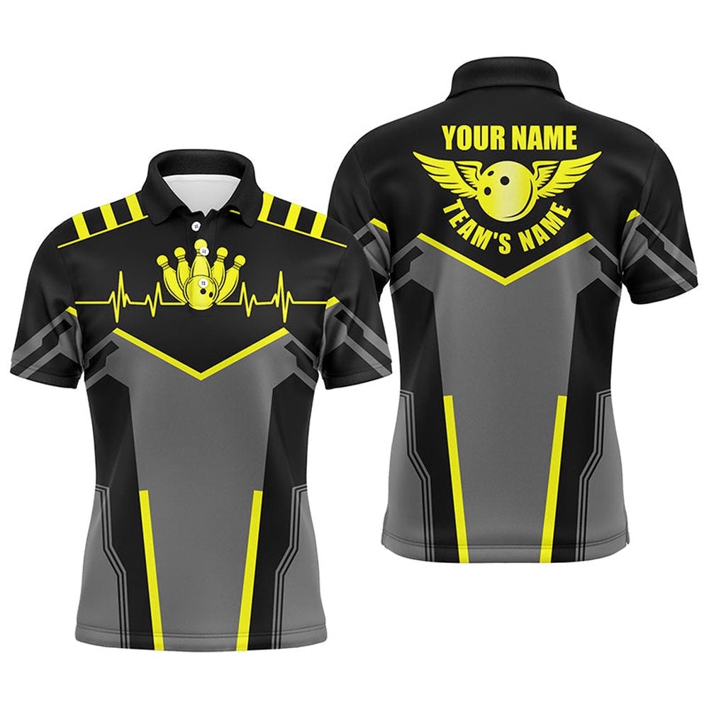 Bowling Shirts For Men Custom Name And Team Name Bowling Ball And Pins, Team Bowling Shirts Yellow, Personalized Bowling Team Shirt