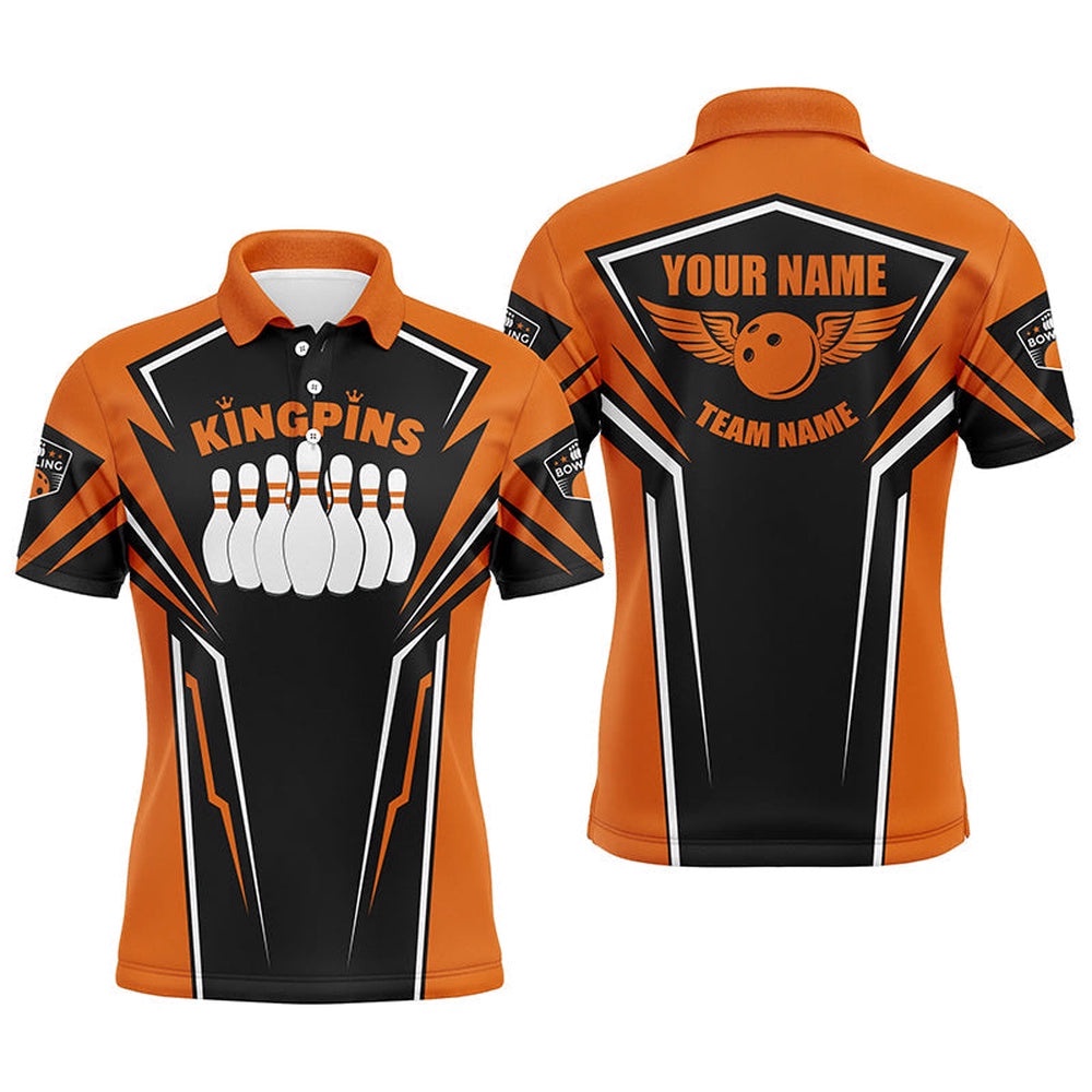 Bowling Shirts For Men Custom Name & Team Name King Pins Bowling Polo Shirt, Bowling Team Shirts Orange, Personalized Bowling Team Shirt
