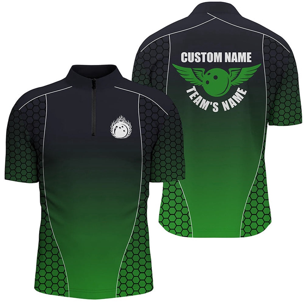 Bowling Shirts With Names For Men, Flaming Bowling Ball Bowling Team Shirts Green, Custom Bowling Team Jersey Shirt