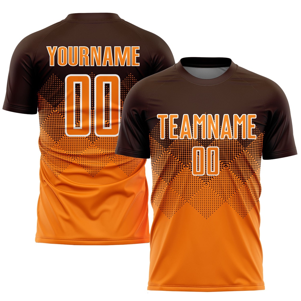 Brown Bay Orange White Sublimation Soccer Uniform Jersey, Custom Team Soccer Jersey Shirt Brown Bay Orange White Sublimation Soccer Uniform Jersey, Custom Team Soccer Jersey Shirt