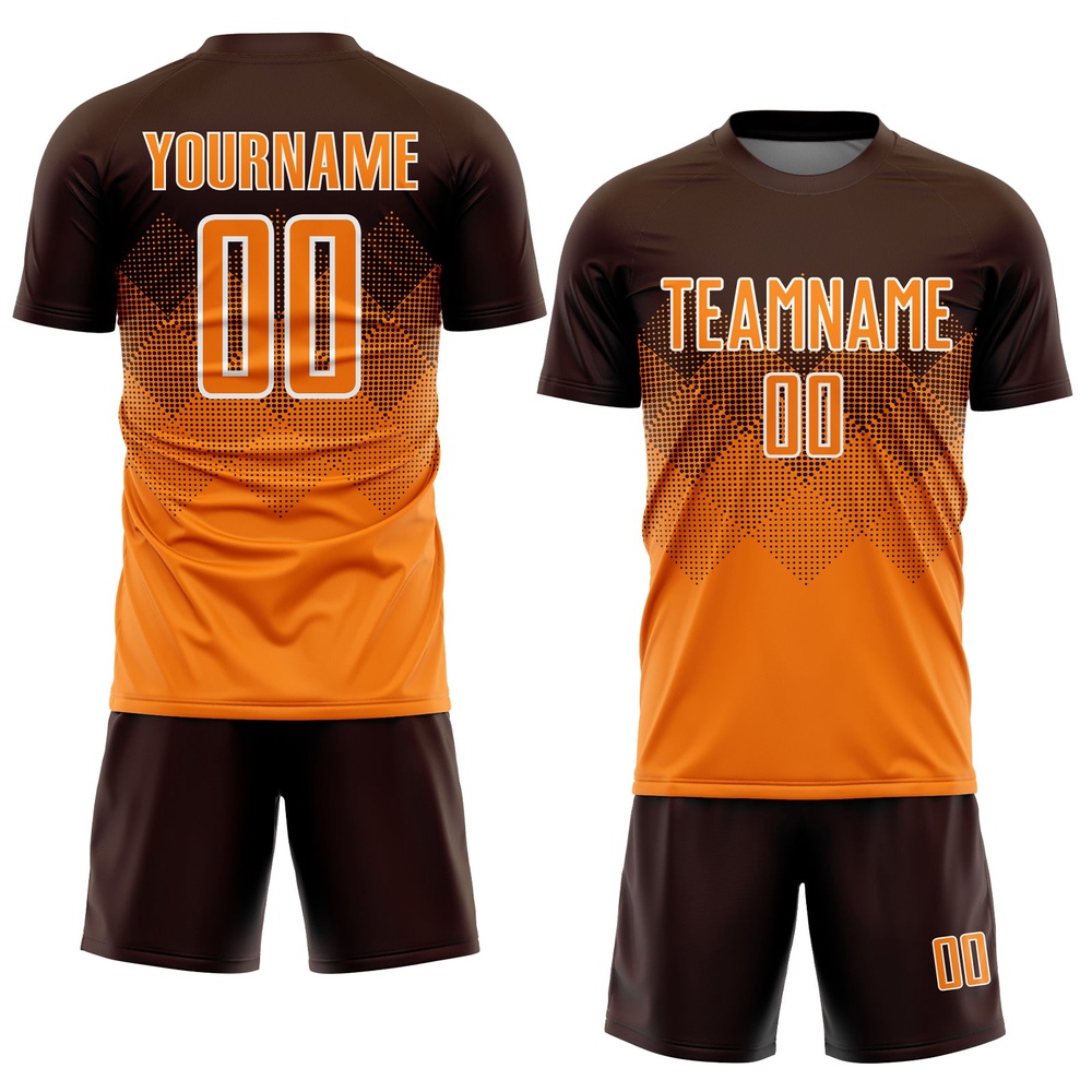 Brown Bay Orange White Sublimation Soccer Uniform Jersey, Custom Team Soccer Jersey Shirt Brown Bay Orange White Sublimation Soccer Uniform Jersey, Custom Team Soccer Jersey Shirt