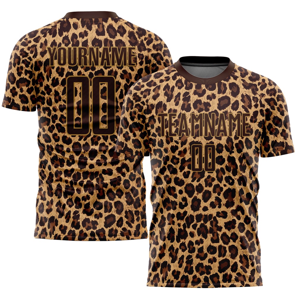 Brown Brown Old Gold Sublimation Leopard Soccer Uniform Jersey, Custom Team Soccer Jersey Shirt Brown Brown Old Gold Sublimation Leopard Soccer Uniform Jersey, Custom Team Soccer Jersey Shirt