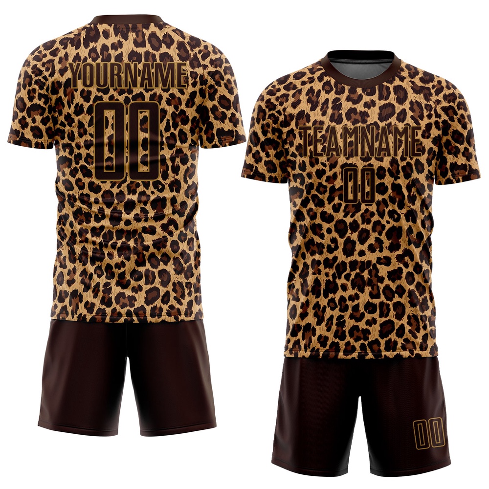 Brown Brown Old Gold Sublimation Leopard Soccer Uniform Jersey, Custom Team Soccer Jersey Shirt Brown Brown Old Gold Sublimation Leopard Soccer Uniform Jersey, Custom Team Soccer Jersey Shirt