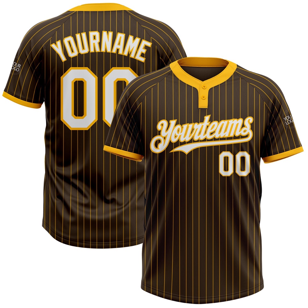 Brown Gold Pinstripe White Two Button Unisex Softball Jersey, Custom Team Softball Jersey