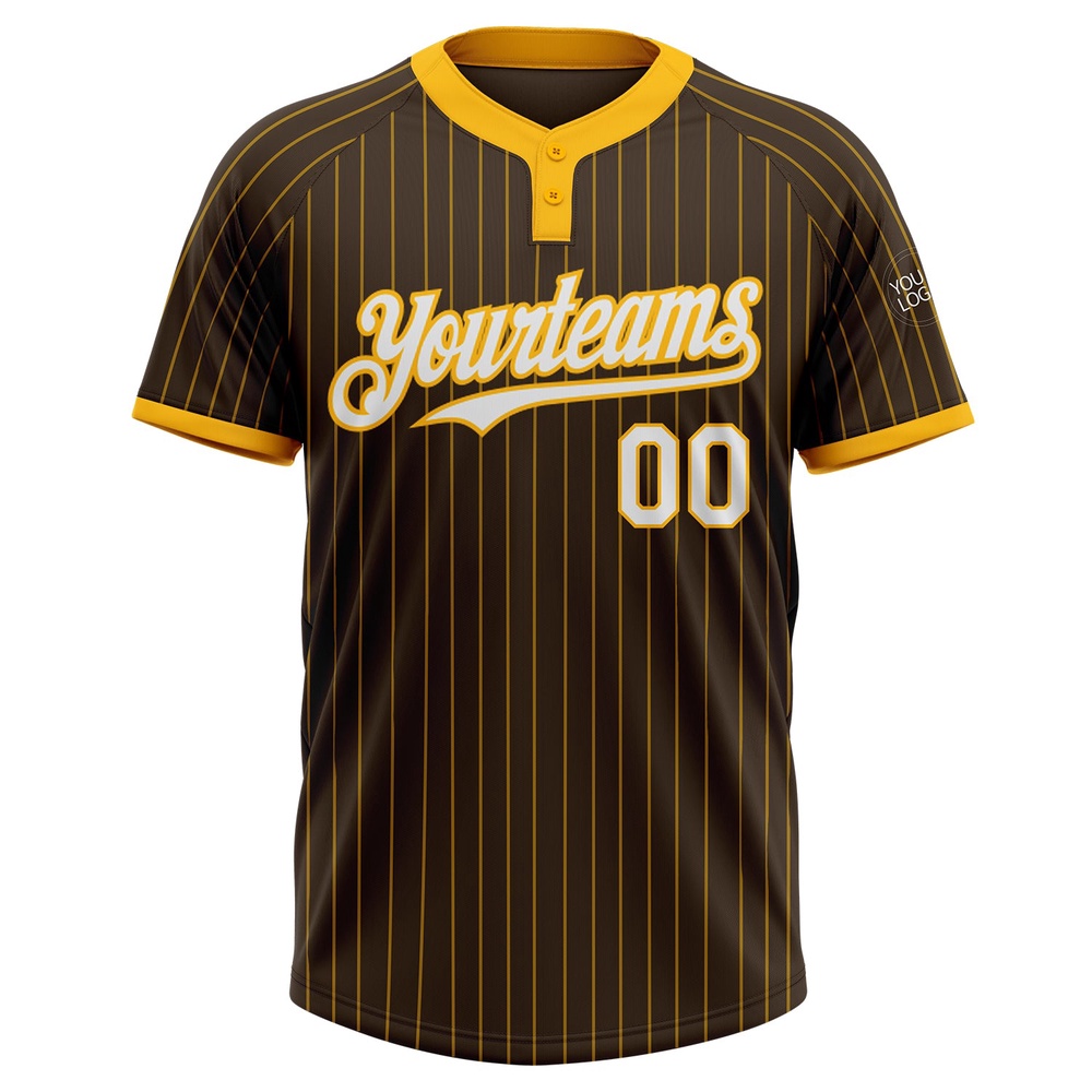 Brown Gold Pinstripe White Two Button Unisex Softball Jersey, Custom Team Softball Jersey