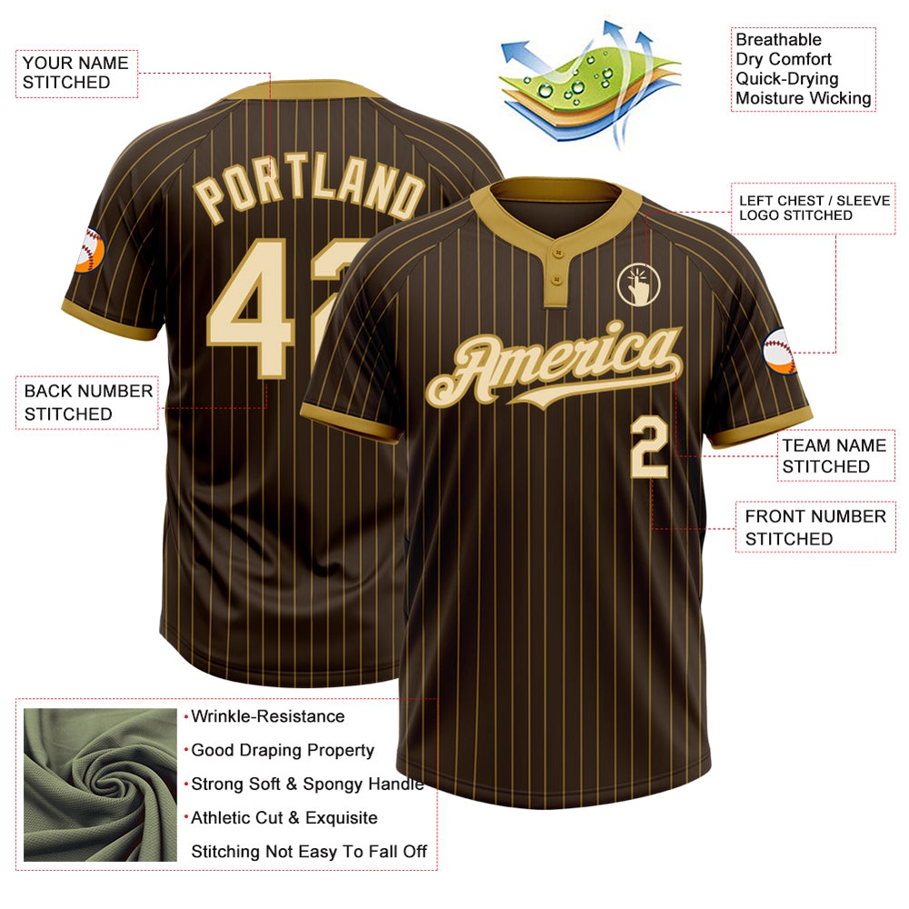Brown Old Gold Pinstripe Cream Two Button Unisex Softball Jersey, Custom Team Softball Jersey