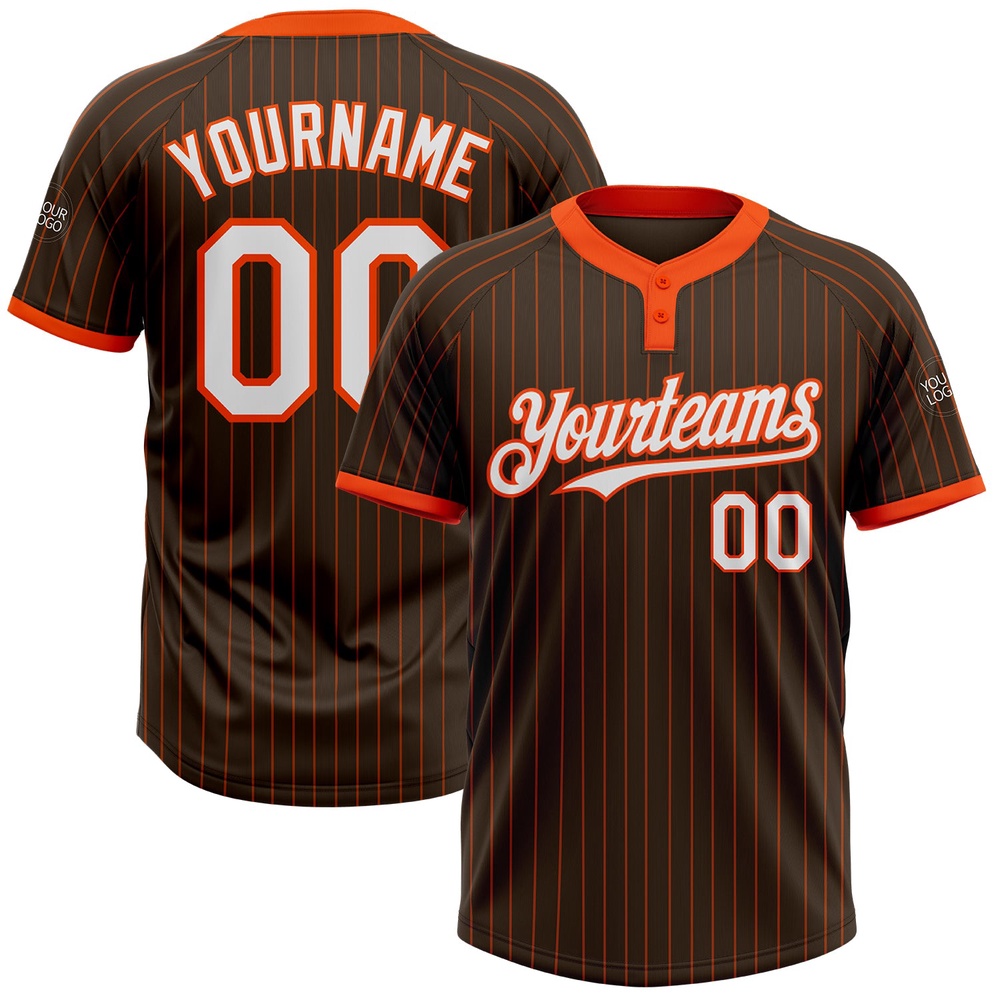 Brown Orange Pinstripe White Two Button Unisex Softball Jersey, Custom Team Softball Jersey