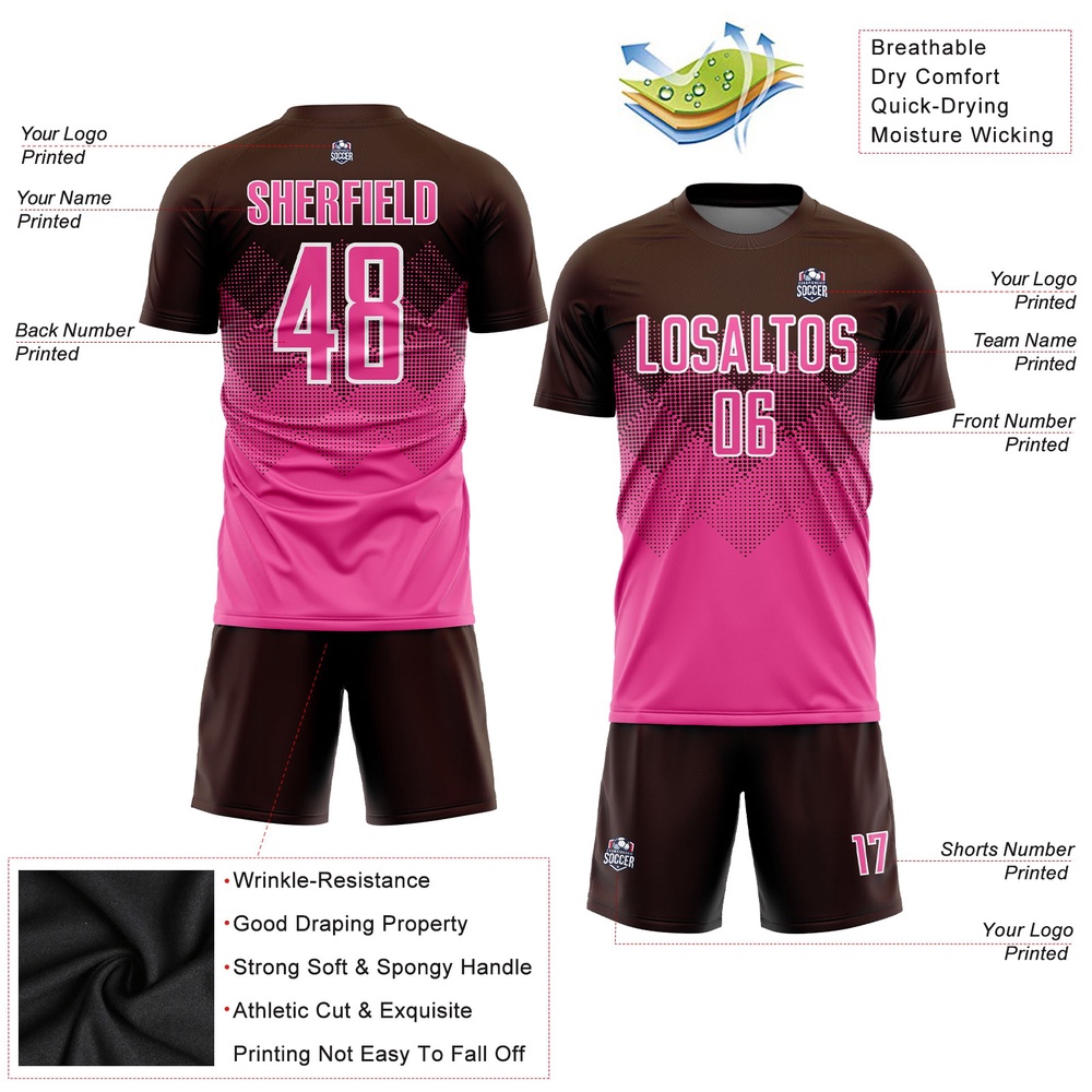 Brown Pink White Sublimation Soccer Uniform Jersey, Custom Team Soccer Jersey Shirt Brown Pink White Sublimation Soccer Uniform Jersey, Custom Team Soccer Jersey Shirt