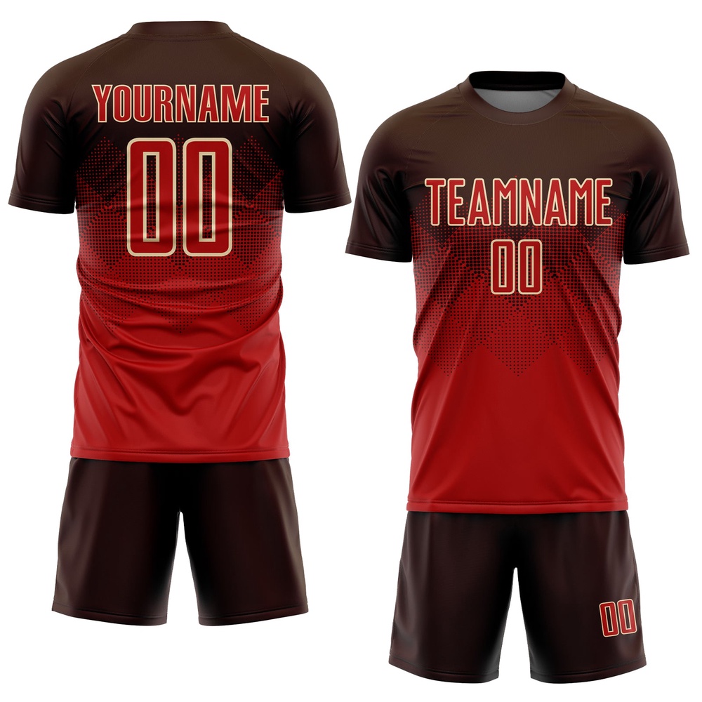 Brown Red Cream Sublimation Soccer Uniform Jersey, Custom Team Soccer Jersey Shirt Brown Red Cream Sublimation Soccer Uniform Jersey, Custom Team Soccer Jersey Shirt