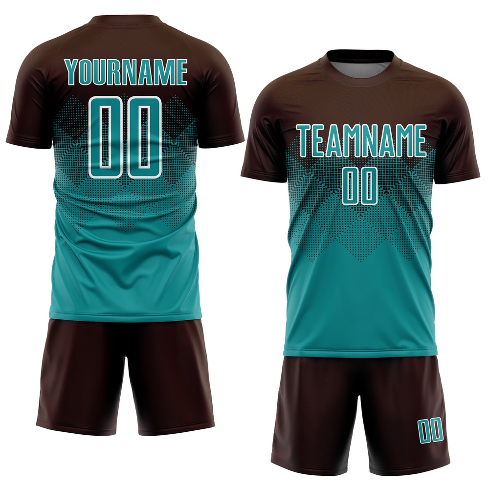 Brown Teal White Sublimation Soccer Uniform Jersey, Custom Team Soccer Jersey Shirt Brown Teal White Sublimation Soccer Uniform Jersey, Custom Team Soccer Jersey Shirt