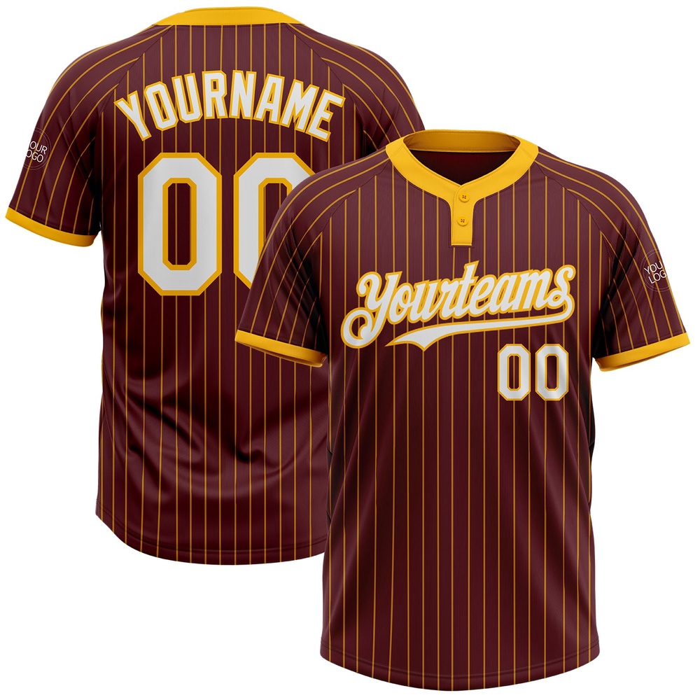 Burgundy Gold Pinstripe White Two Button Unisex Softball Jersey, Custom Team Softball Jersey Burgundy Gold Pinstripe White Two Button Unisex Softball Jersey, Custom Team Softball Jersey