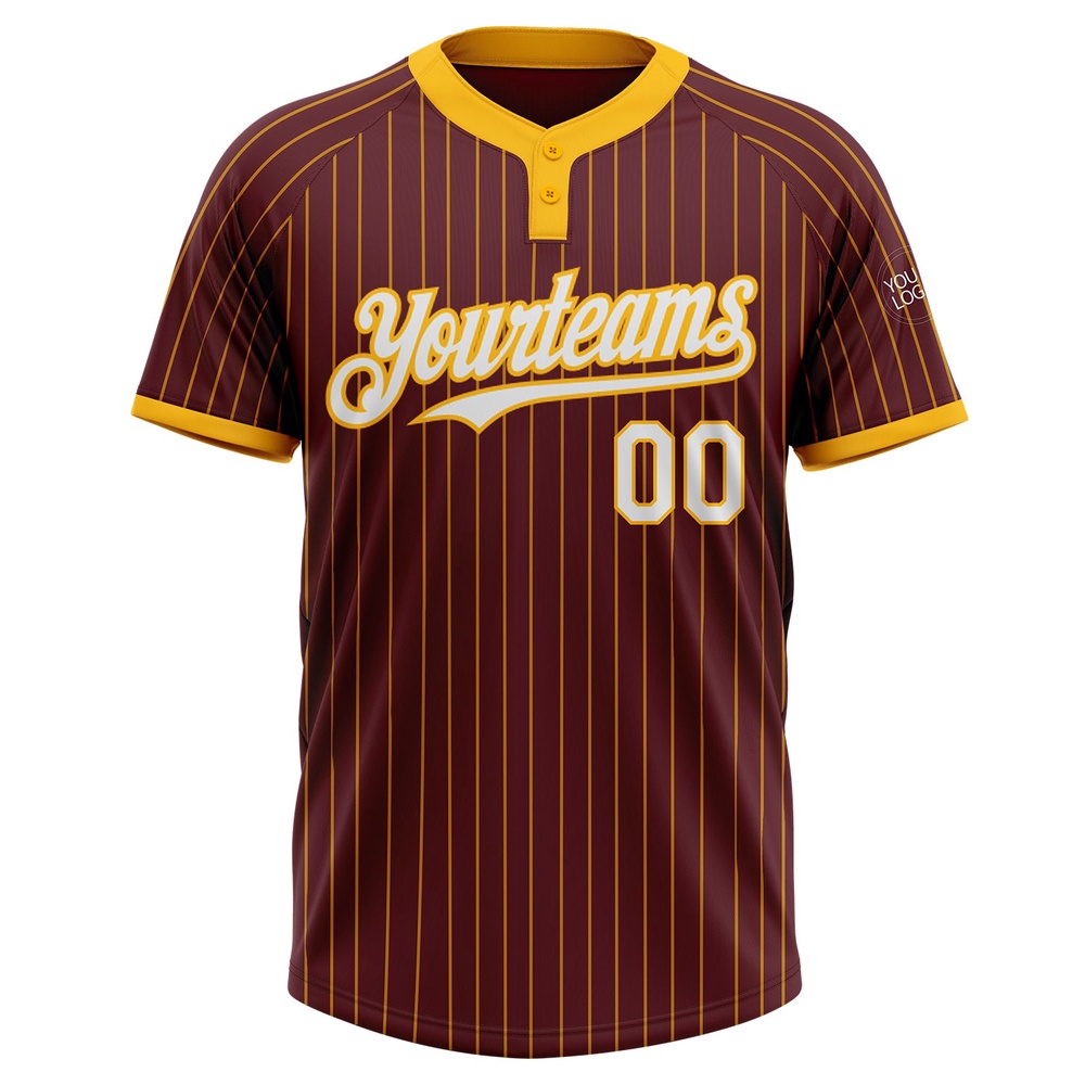 Burgundy Gold Pinstripe White Two Button Unisex Softball Jersey, Custom Team Softball Jersey Burgundy Gold Pinstripe White Two Button Unisex Softball Jersey, Custom Team Softball Jersey