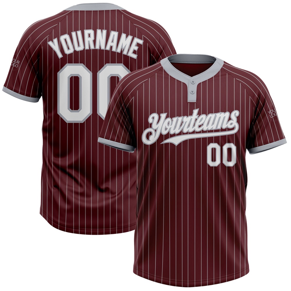 Burgundy Gray Pinstripe White Two Button Unisex Softball Jersey, Custom Team Softball Jersey Burgundy Gray Pinstripe White Two Button Unisex Softball Jersey, Custom Team Softball Jersey