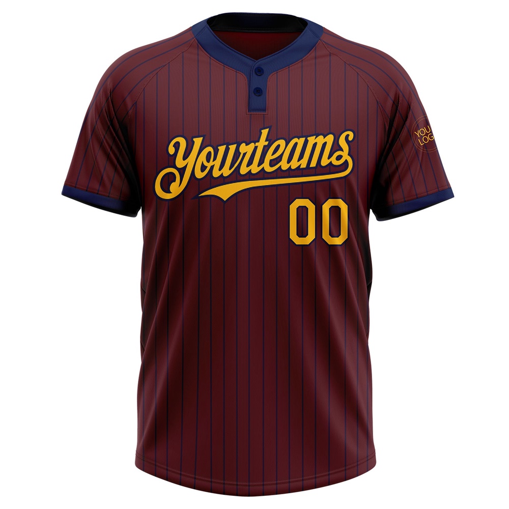 Burgundy Navy Pinstripe Gold Two Button Unisex Softball Jersey, Custom Team Softball Jersey Burgundy Navy Pinstripe Gold Two Button Unisex Softball Jersey, Custom Team Softball Jersey