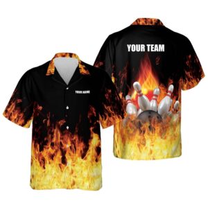 Button-Down Flame Hawaiian Shirt, Custom Team Bowling…