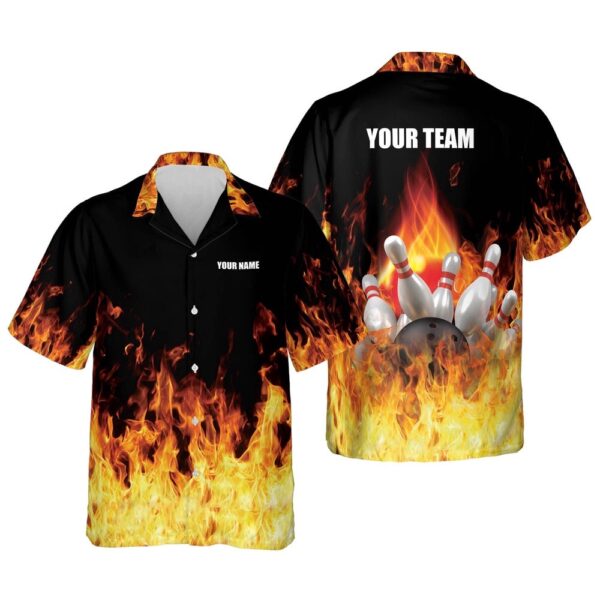 Button-Down Flame Hawaiian Shirt, Custom Team Bowling Hawaiian Shirt