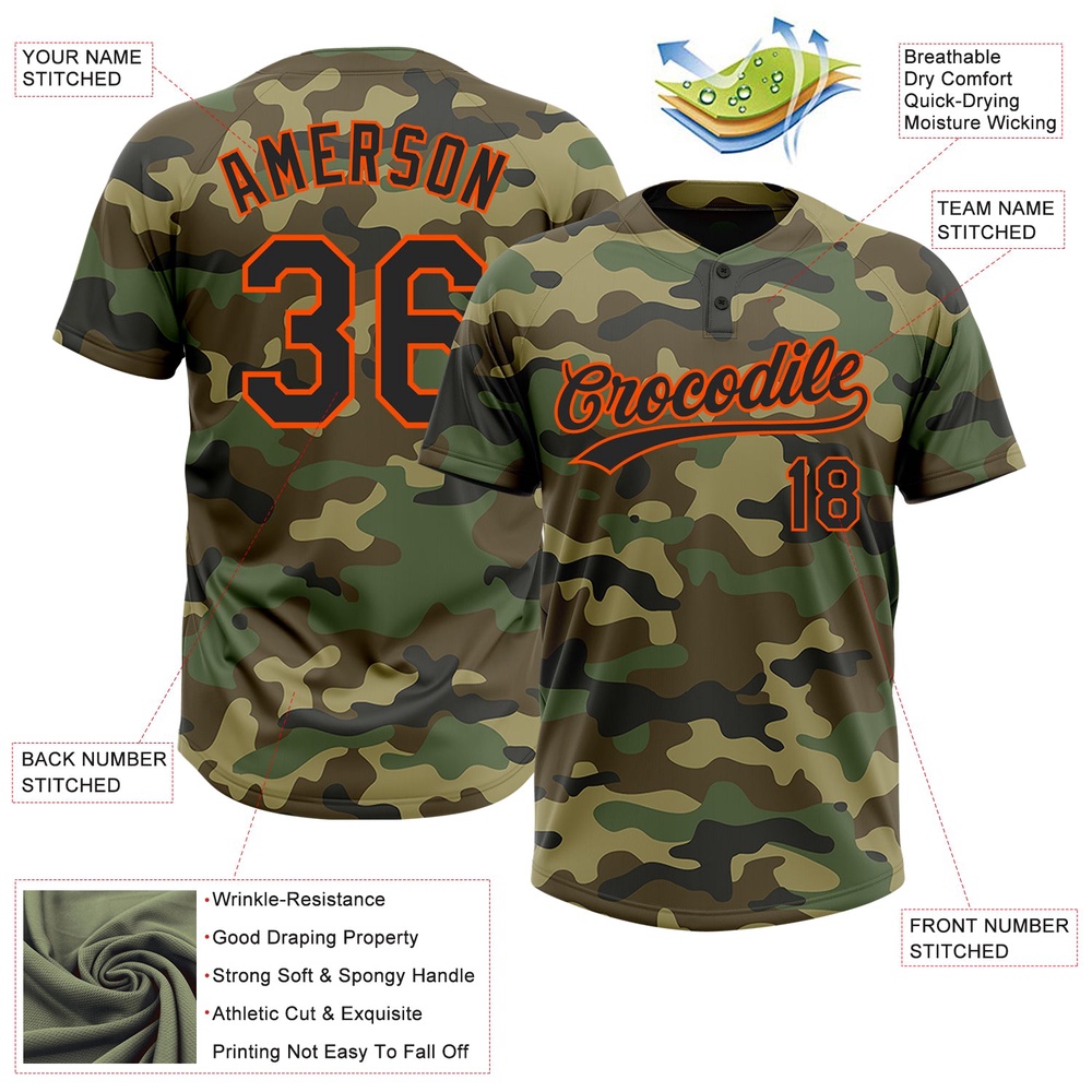 Camo Black Orange Salute To Service Two Button Unisex Softball Jersey, Custom Team Softball Jersey